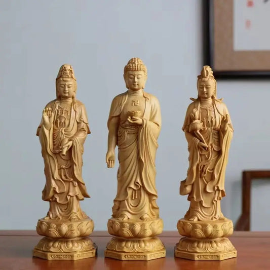 Wood Carving the Buddha Figurine of Three Saints of the West Guanyin Amitabha Statue Sculpture Home Living Room Decor Ornament