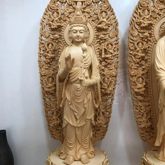 Wood carving Oversized Guanyin, Tathagata Buddha Characters Statue Solid Wood Art Carving Home Living Room office Feng Shui Idol