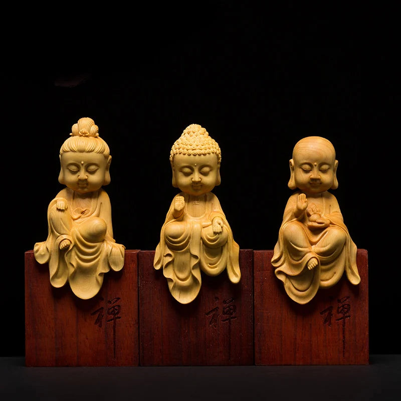 Wooden Buddha Statues 3 Gods Boxwood Wood Buddha Statue Carving Solid Wood Shakyamuni For Home Decor