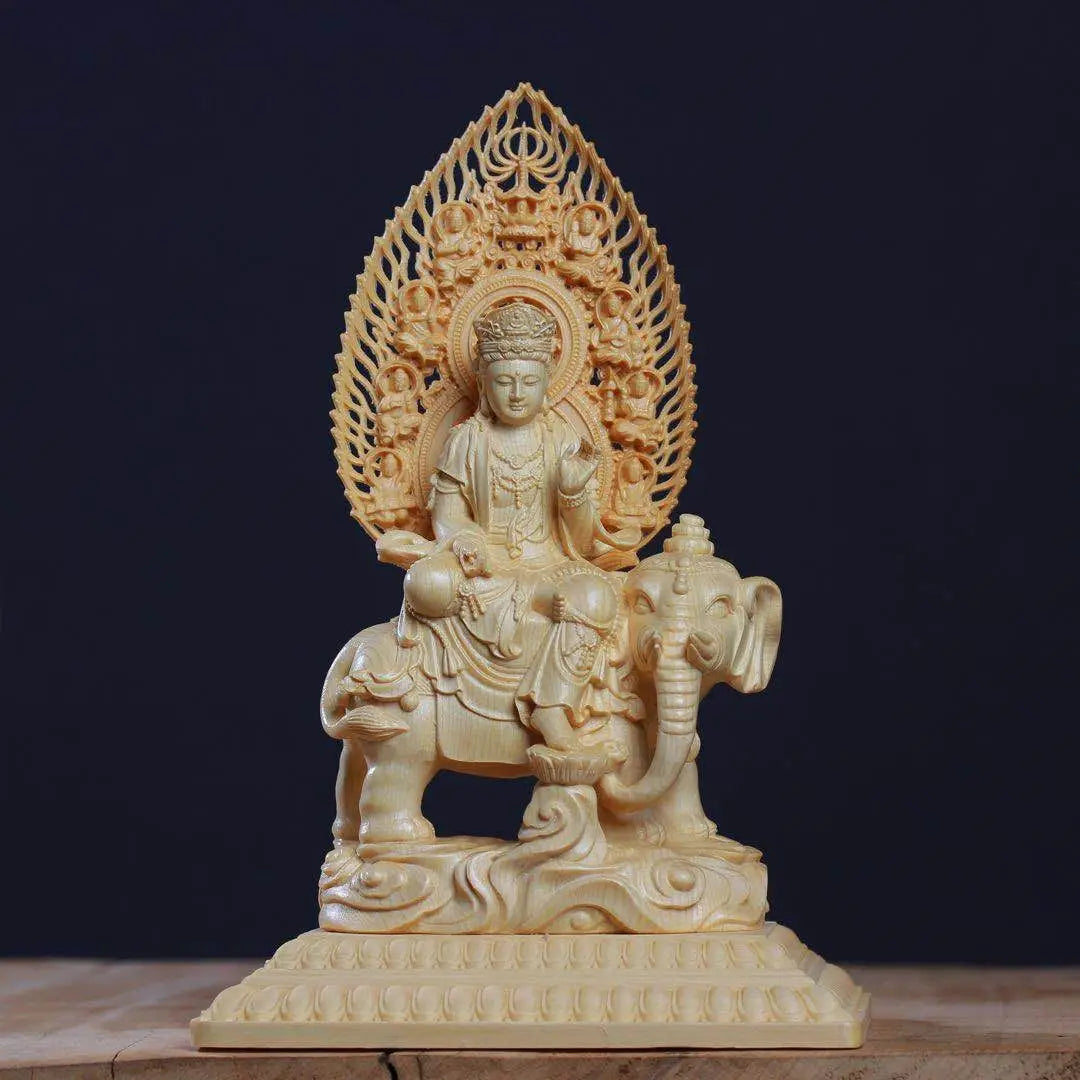 Wooden Carving Samantabhadra Manjushri Buddhist Figure Statue Solid Wood Carving Feng Shui Ornament Home Living Room Decoration