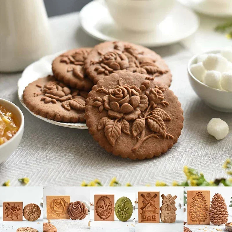 Wooden Cookie Mold Cutter 3D Cake Embossed Gingerbread Baking Flower Kitchen Gadget