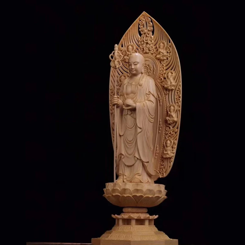 Wooden Di Zangwang large decorative figures Buddha statue Solid wood carving Home Living Room, Office Feng Shui Statue 43cm
