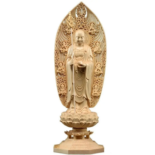 Wooden Di Zangwang large decorative figures Buddha statue Solid wood carving Home Living Room, Office Feng Shui Statue 43cm