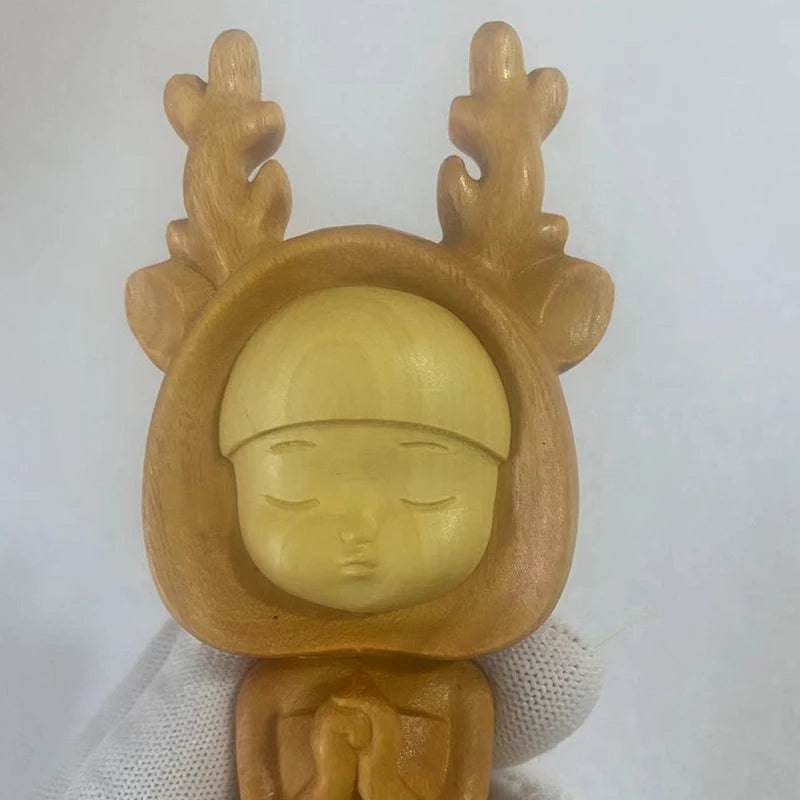Wooden Dream Cartoon Deer Girl Blessing Statue, Solid Wood Carving Nordic Girl Cute Home Room Office Art Statue 5.89 in