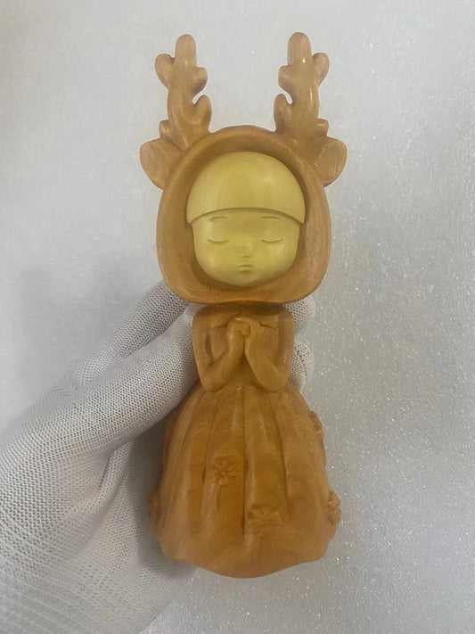 Wooden Dream Cartoon Deer Girl Blessing Statue, Solid Wood Carving Nordic Girl Cute Home Room Office Art Statue 5.89 in