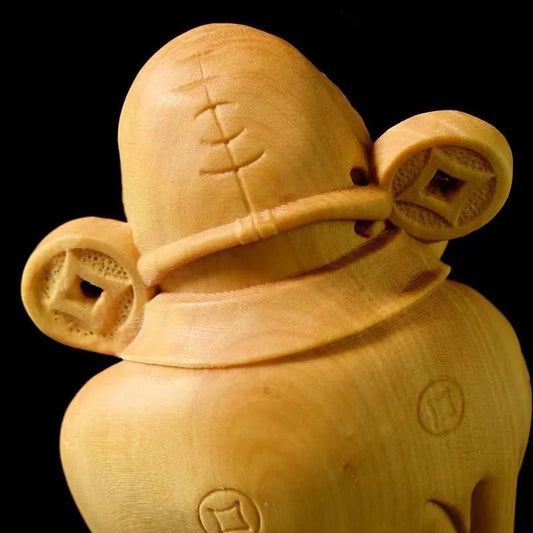 Wooden God of Wealth Characters Small Statue Solid Wood Hand Carving Home Room Office Lucky Feng Shui Characteristics Statue
