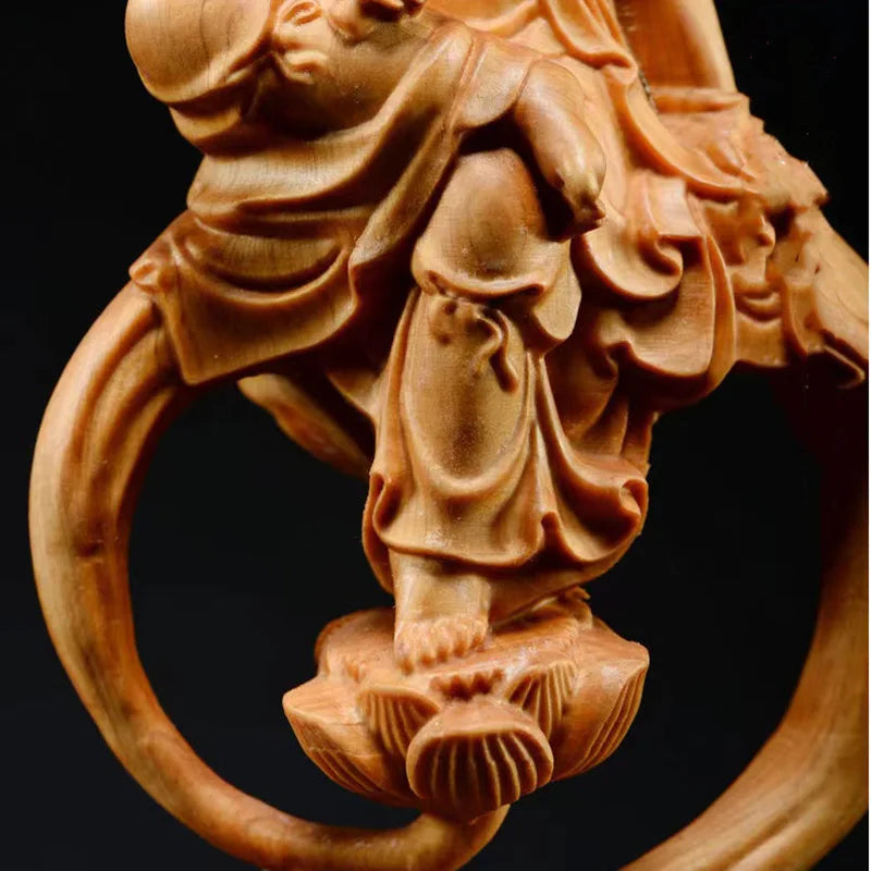 Wooden Guanyin Buddha Bodhisattva Statue Hand-Carved , Buddhism Figure Home Room Office Feng Shui Statue 7.07 in