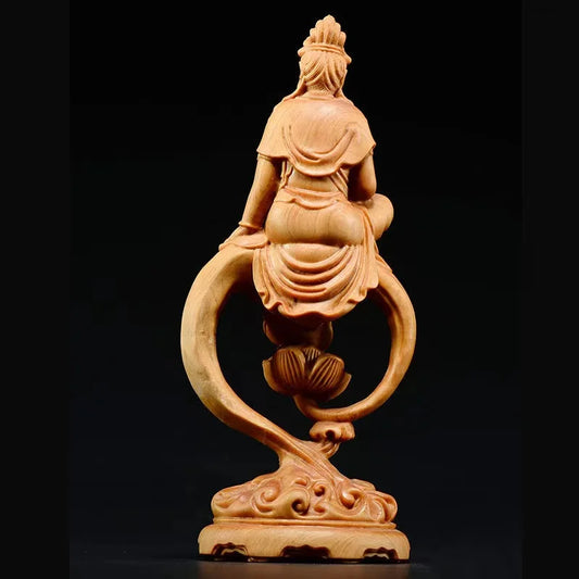 Wooden Guanyin Buddha Bodhisattva Statue Hand-Carved , Buddhism Figure Home Room Office Feng Shui Statue 7.07 in