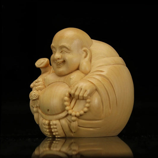 Wooden Mini Laughing Buddha Handmade Statue Chinese Buddhism Lucky Buddha Home Office Desktop Mini Decorative Statue