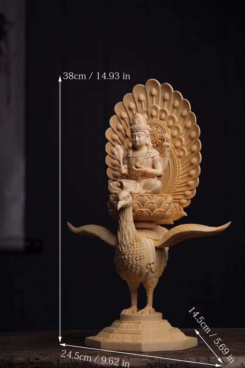 Wooden Peacock Ming Wang Buddha statue -Solid wood carving Large Buddha statue Home living room, room feng shui statue 38cm