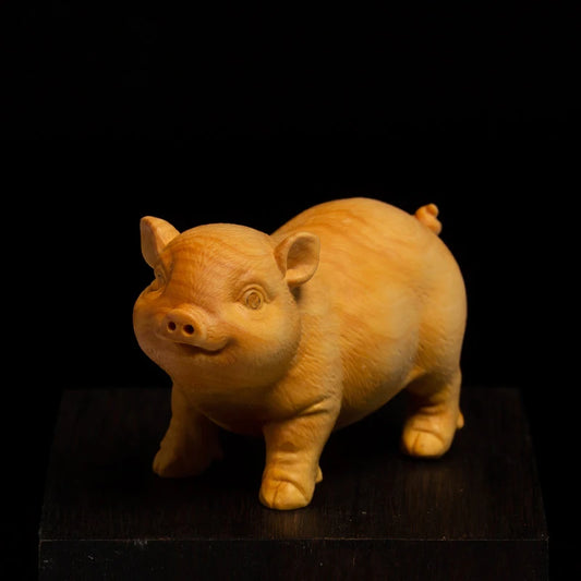 Wooden cute piggy desktop figurines Hand-carved crafts Zodiac Pig Home Office Desktop Decoration Gift statue free shipping
