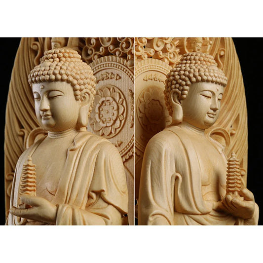 Wooden pharmacist Large Buddha statue Solid wood carving Lotus Tower Home living room decoration crafts 43cm / 16.89 in