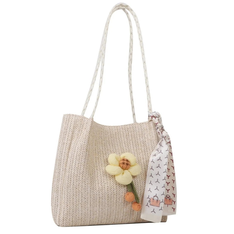 Woven Shoulder Bag Casual Handbag Large Capacity Beach Bag for Women Girl Fashion Trendy Tote Bag Straw Weave Bucket Bag