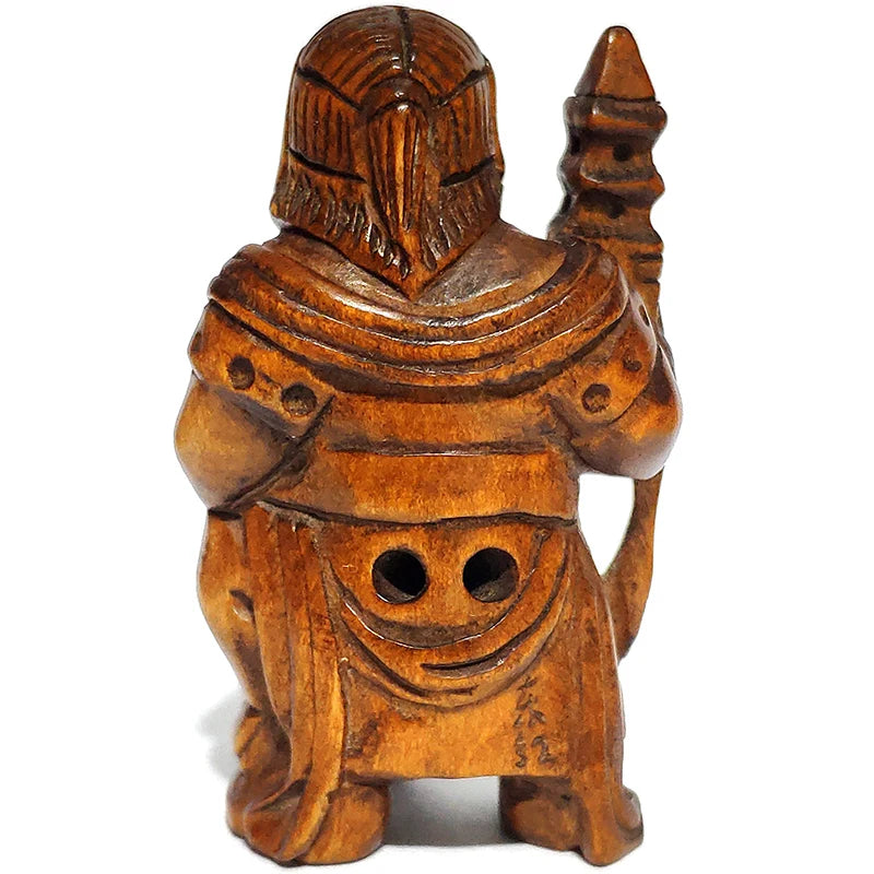 Y6457 - 2" Hand Carved Boxwood Netsuke Figurine Carving : God of Thunder Bishamonten