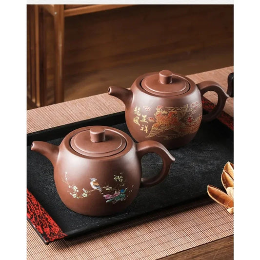 Yixing Purple Clay Teapots Large Capacity Flowers and Birds Teapot Handmade Zhu Mud Dragon Pattern Tea Infuser Chinese Tea Set