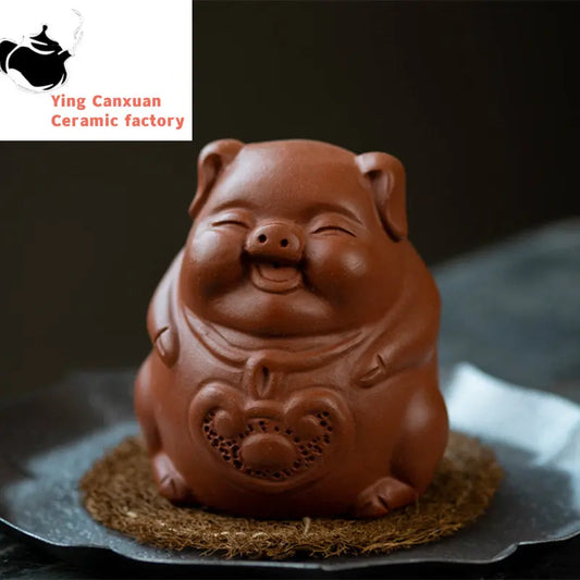 Yixing Sculpture Purple Clay Tea Pet Chinese Lucky Fortune Pig Statue Ornaments Handmade Tea Figurine Art Tea Set Decors Crafts
