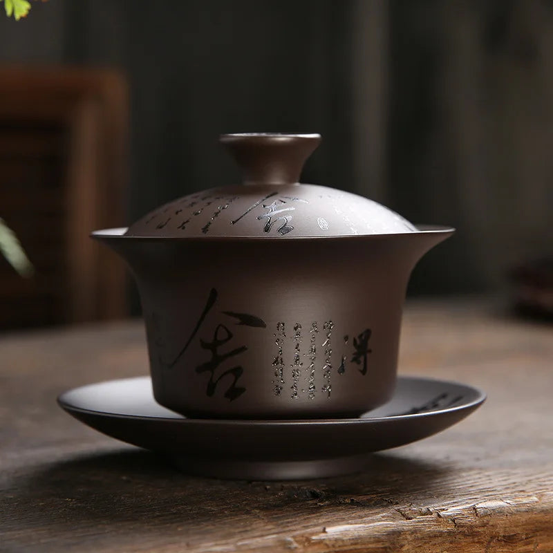 Yixing Zisha Gaiwan Chinese Kung Fu Teaware Tea Tureen Handmade Purple Clay Tea Bowl Cups Handpainted Tea Cup Set