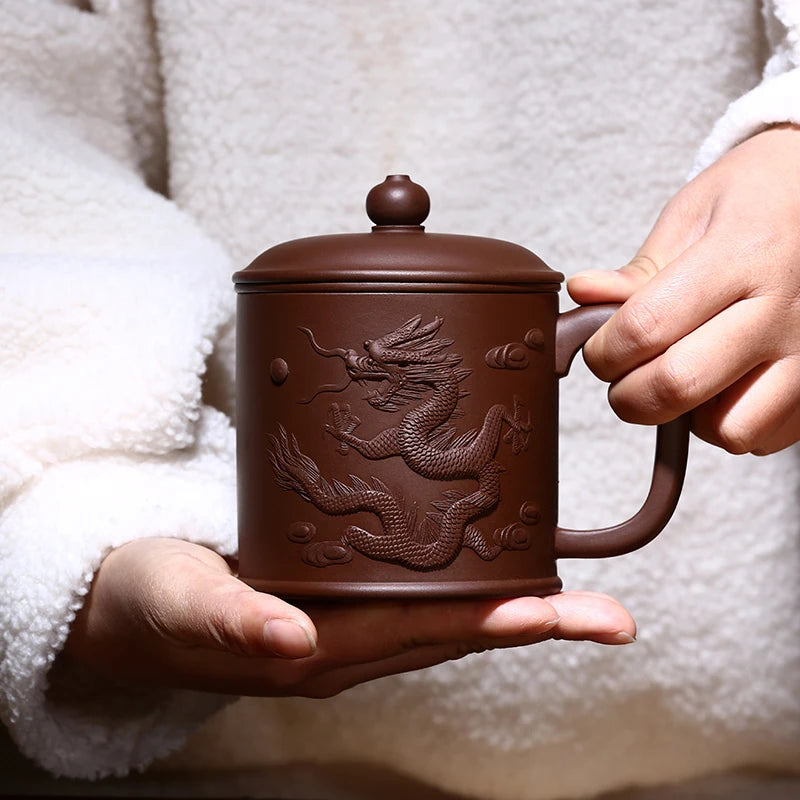 Yixing purple sand cup really pure manual tank filter tea office cup lid cup heap dragon custom lettering