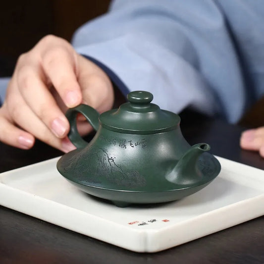 Zanghutianxia Small Capacity Yixing Purple Clay Pot Handmade Carved Kung Fu Tea Set Raw Ore Dark Green Mud Household Teapot Clou