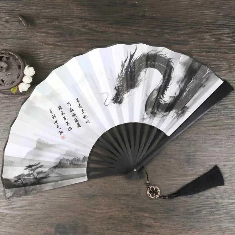 Zodiac Dragon Year Folding Fan ,Bamboo And Wood Cloth Noodles Durable Hand Fan Outdoor Home Dance Decorative Portable Fan
