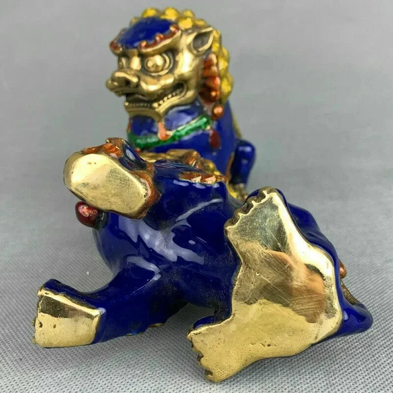 a pair China Fengshui Cloisonne Enamel Bronze Foo Fu Dog Guardion Lion Statue Pair