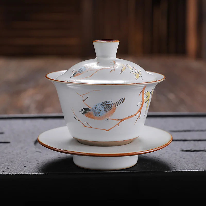 antique style ruyao Sancai gaiwan crackle glaze visual effect handpainted under glaze tureen porcelain cup bowl with cover lid