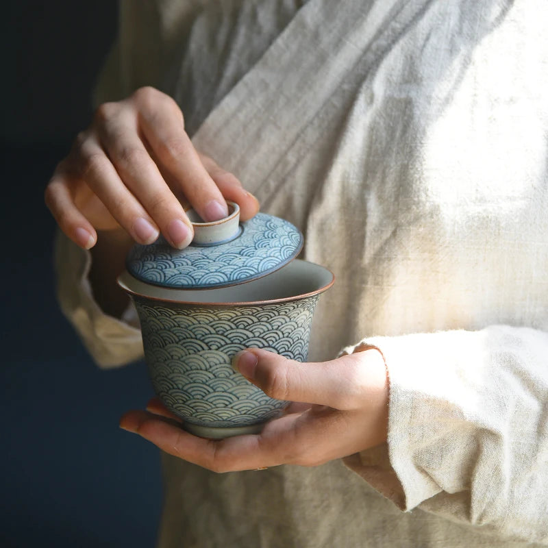 beginning of the pure manual only three tureen under glaze blue coarse pottery tureen xiangyun pot of kung fu tea cups