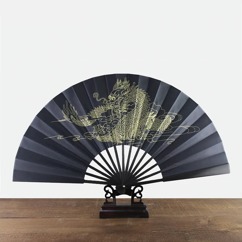 black-faced large folding fan, Chinese printed golden dragon fan, home decorations, wedding Daily use dance gift Hand fan 33cm