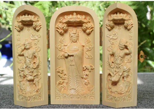 bless family Safety Health luck Talisman home efficacious Protection Sea Goddess Meizhou Mazu wood Carving statue small niche