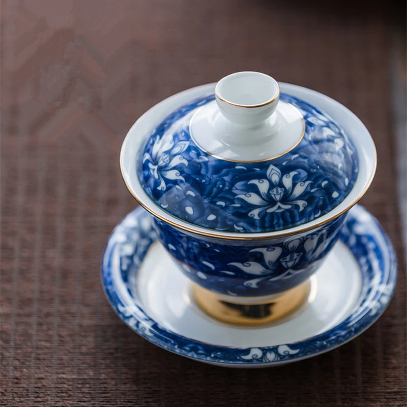 blue-and-white porcelain gaiwan Jingdezhen glaze covered bowl set with cup saucer lid Chinese tureen tea bowls on sales