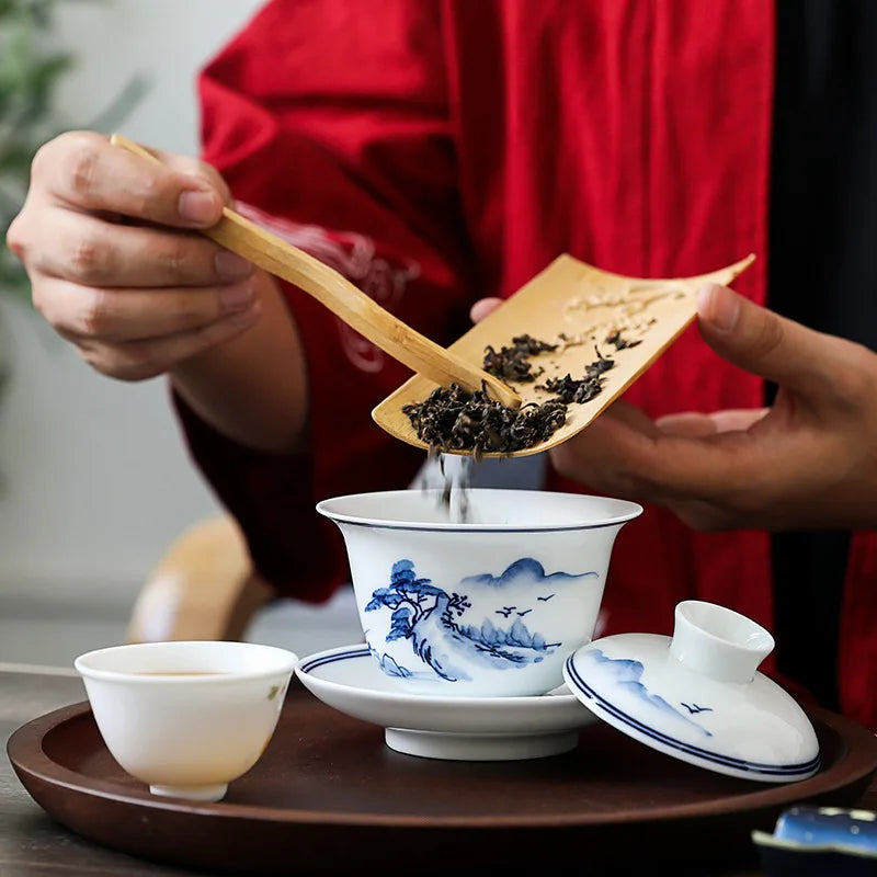 blue-and-white porcelain gaiwan mountain river print covered bowl Sancai bowl with cover cup coaster saucer lid in China 180ml