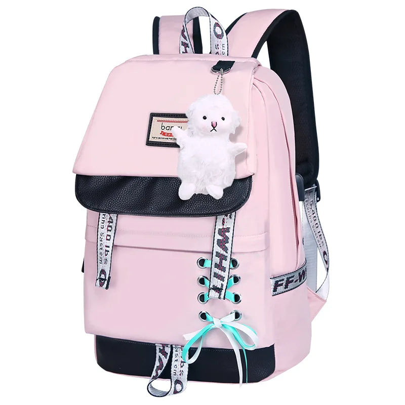 children school bags for girls cute pink backpack schoolbag korean style bowknot fur ball girl school backpack bookbag