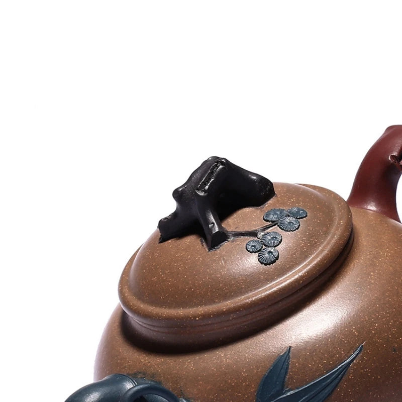 full handmade tea pot with 7 infuser holes real yixing zisha old duan clay bamboo relief original ore pot three legs marked