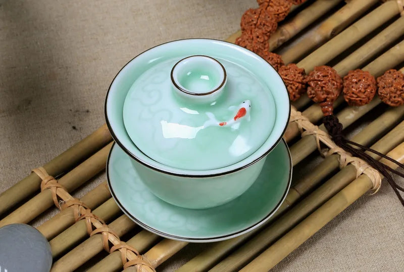 gaiwan carp / golden fish porcelain tureen ceramic cup bowl saucer with lid