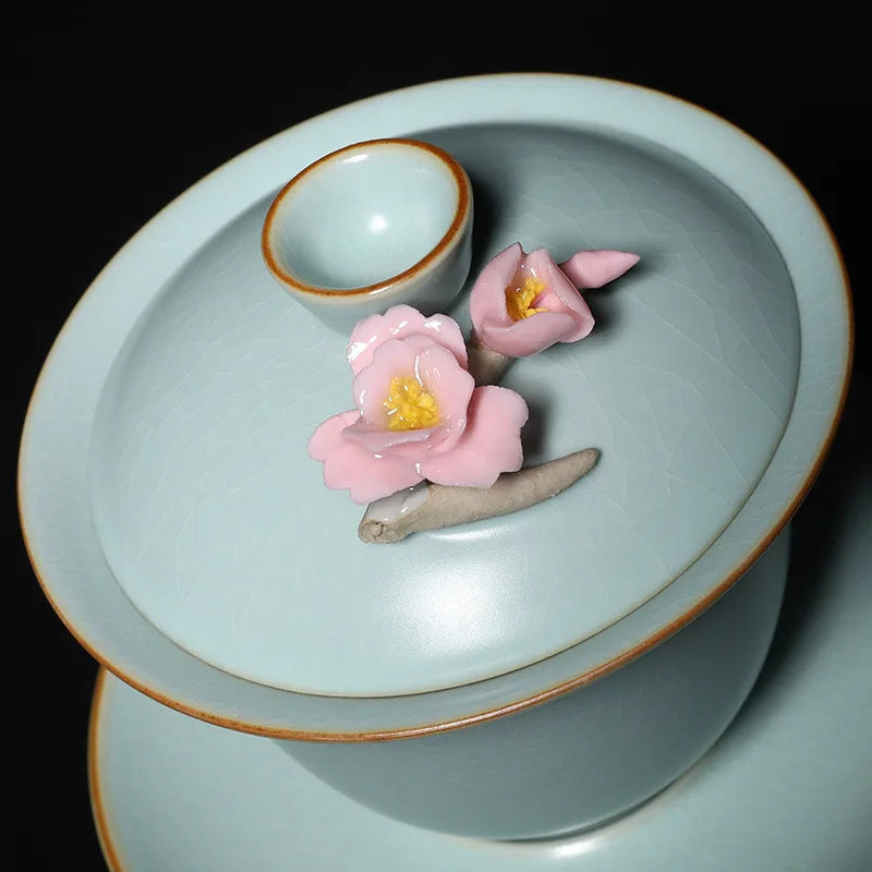 handmade floral carved relief ruyao craft crackle glaze gaiwan porcelain tureen Tianqing covered bowl cup saucer lid in China
