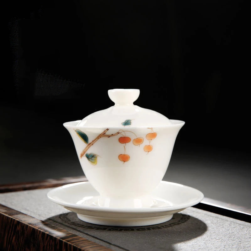 handmade gaiwan porcelain Sancai bowl with cup saucer lid handpainted under glaze mutton fat jade china tureen covered in China