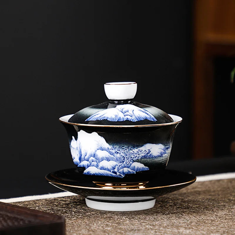 handmade gaiwan under glaze porcelain tureen handpainted mountain river creative artwork covered bowl with lid cup saucer 150ml