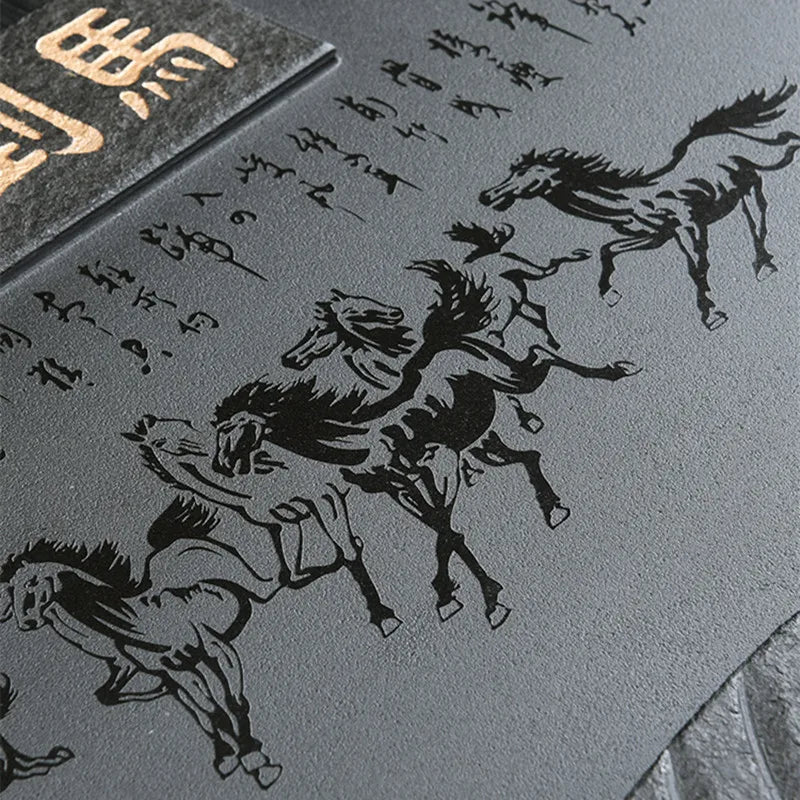 handmade tea tray horse print success symbol weighted heavy black stone tea table for Chinese kungfu tea set L68cm serving trays