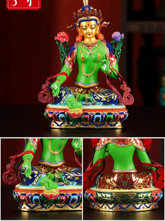 high grade colored draw Buddha statue -bless family Safety Health luck efficacious Talisman Green Tara Guanyin Buddha statue