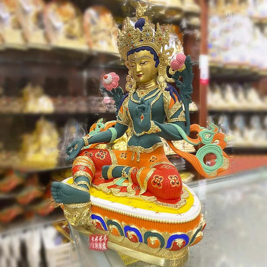 high grade colored draw Good Buddha statue bless family Safety Health luck Green Tara Guan yin Buddha Painted Buddha statue