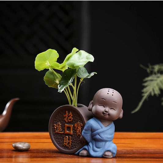 home table decoration yixing zisha purple clay tea pet small vase artificial flower leaf lovely monk statue handmade craft new