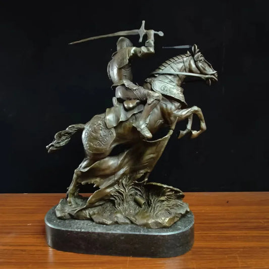 knight Copper Art sculpture man warrior ride horse statue marble base Knight QIbronze crafts