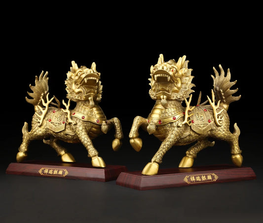 large Company office home Bring in wealth Money Drawing good luck Talisman -TOP Retro dragon Qi lin FENG SHUI Brass statue