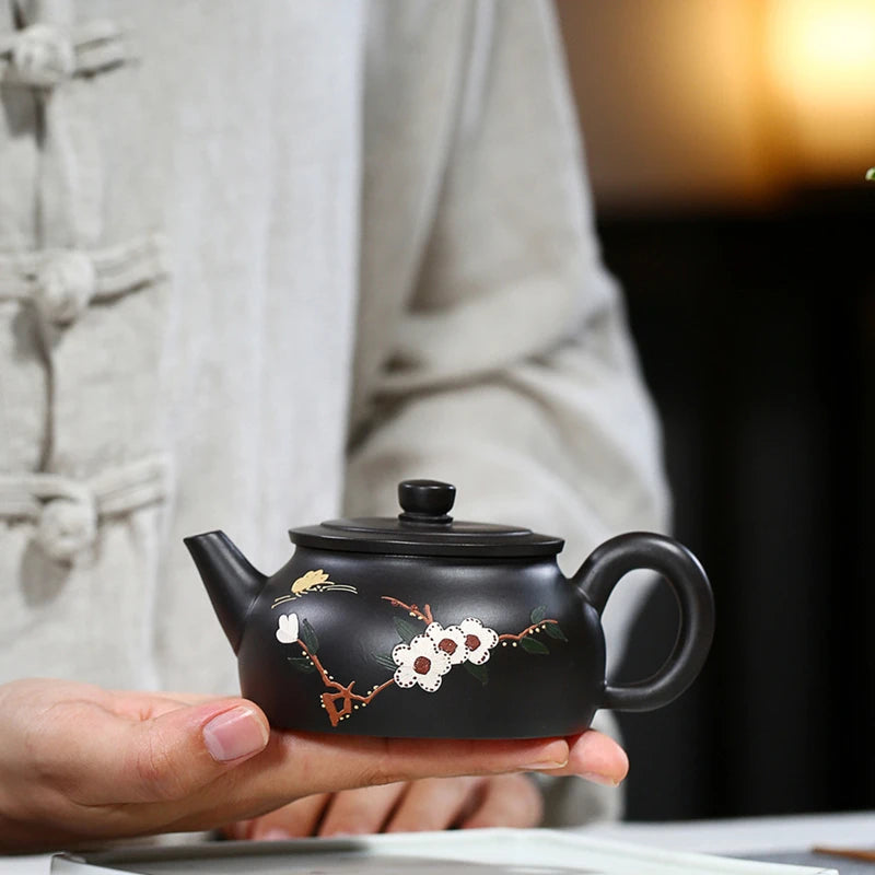 marked tea pot handmade master pot real yixing zisha black clay original ore purple grit floral relief kungfu tea pots in China