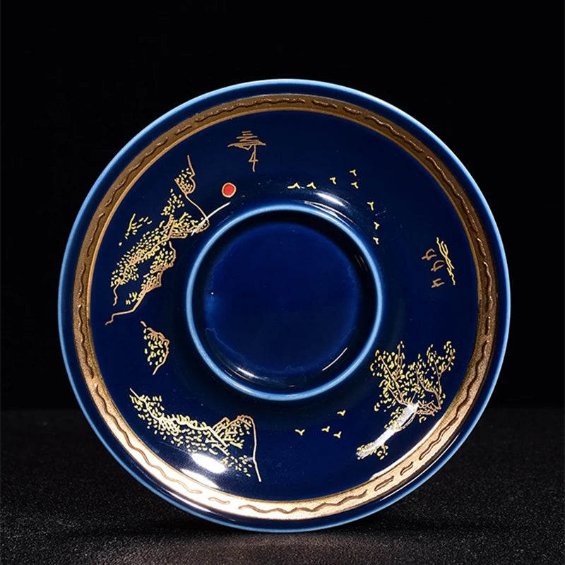 mountain-river print porcelain tureen blue glaze ceramic gaiwan covered bowl with cup saucer lid on sales