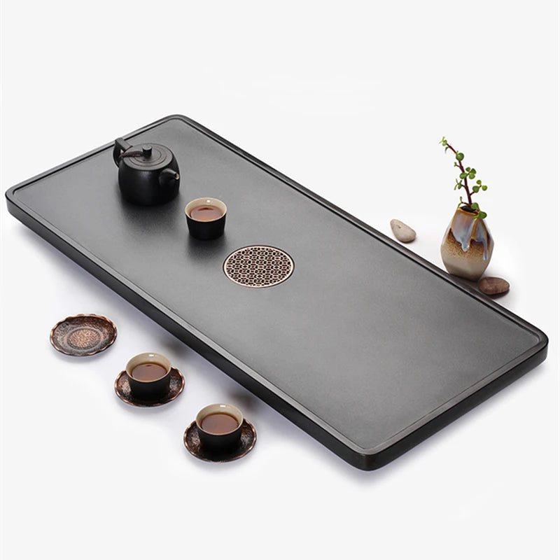 newly listed heavy tea tray stone serving trays water draining pipe & ball Chinese black stone tea table boat creative drainage