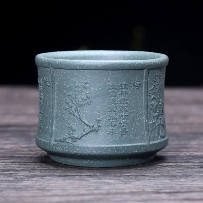 on big sales Chinese real yixing zisha tea cup floral character relief kungfu cup purple grit cup for Pu'er tea green tea marked