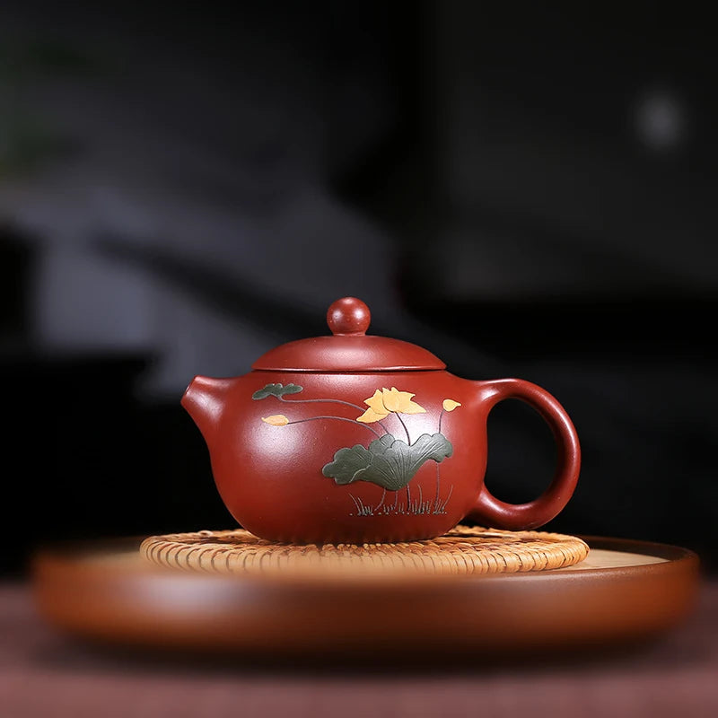 on sales Chinese yixing zisha dahongpao clay tea pot handmade floral relief xishi pot marked China pot of tea for Pu'er tea new