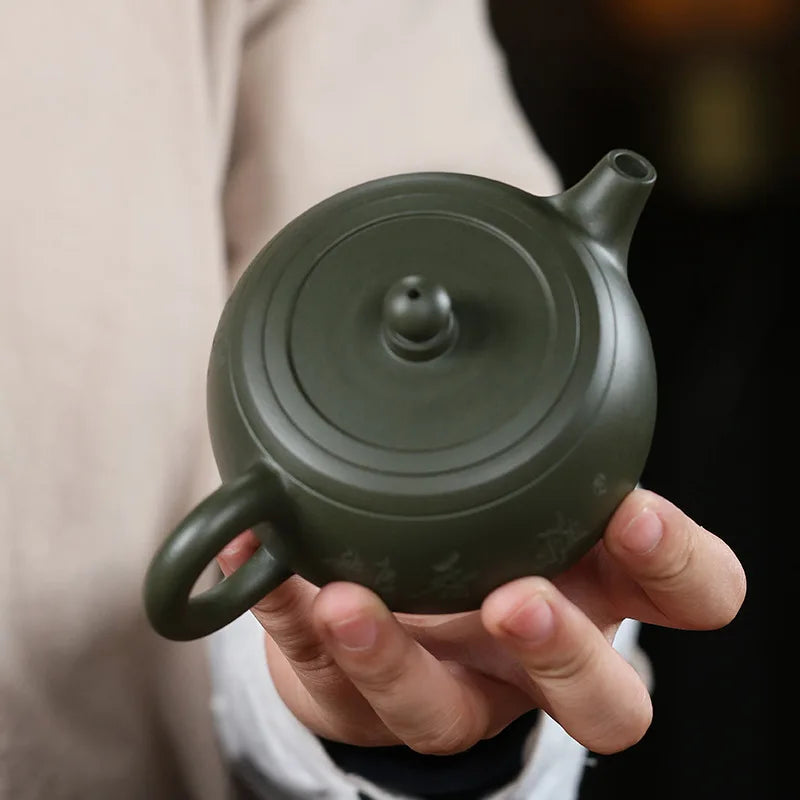original ore green clay true yixing zisha tea pot marked bird Chinese character carved handmade traditional craft 200ml master