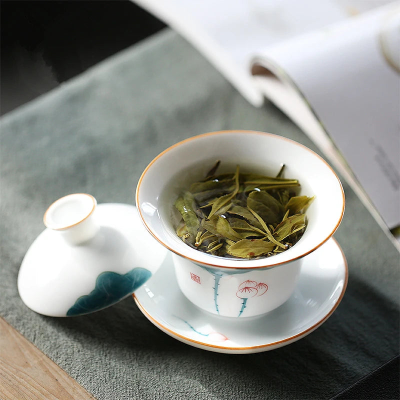 porcelain gaiwan handpainted lotus tureen China Jingdezhen cup saucer bowl under-glaze craft health care lead free bowls